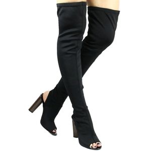 Black Knee High Peep Toe Boots